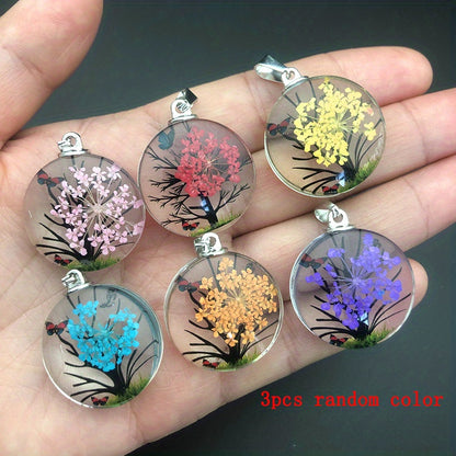 3pcs Clear Round Glass Dried Flower Pendant - Perfect for Butterfly Flower Necklace Making!