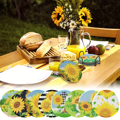 8pcs/set Artificial Diamond Painting Coasters - Sunflower Pattern Decor With Shelves - Perfect Home Decor!