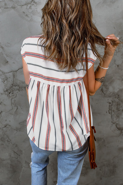 Striped V-Neck Tassel Tie Blouse