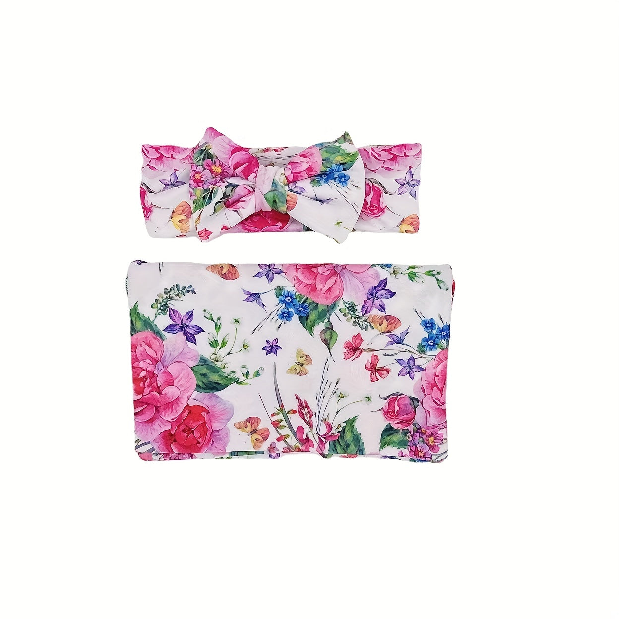 2pcs Flower Print Baby Receiving Blanket and Headband Set - Soft and Cozy Swaddle for Newborns