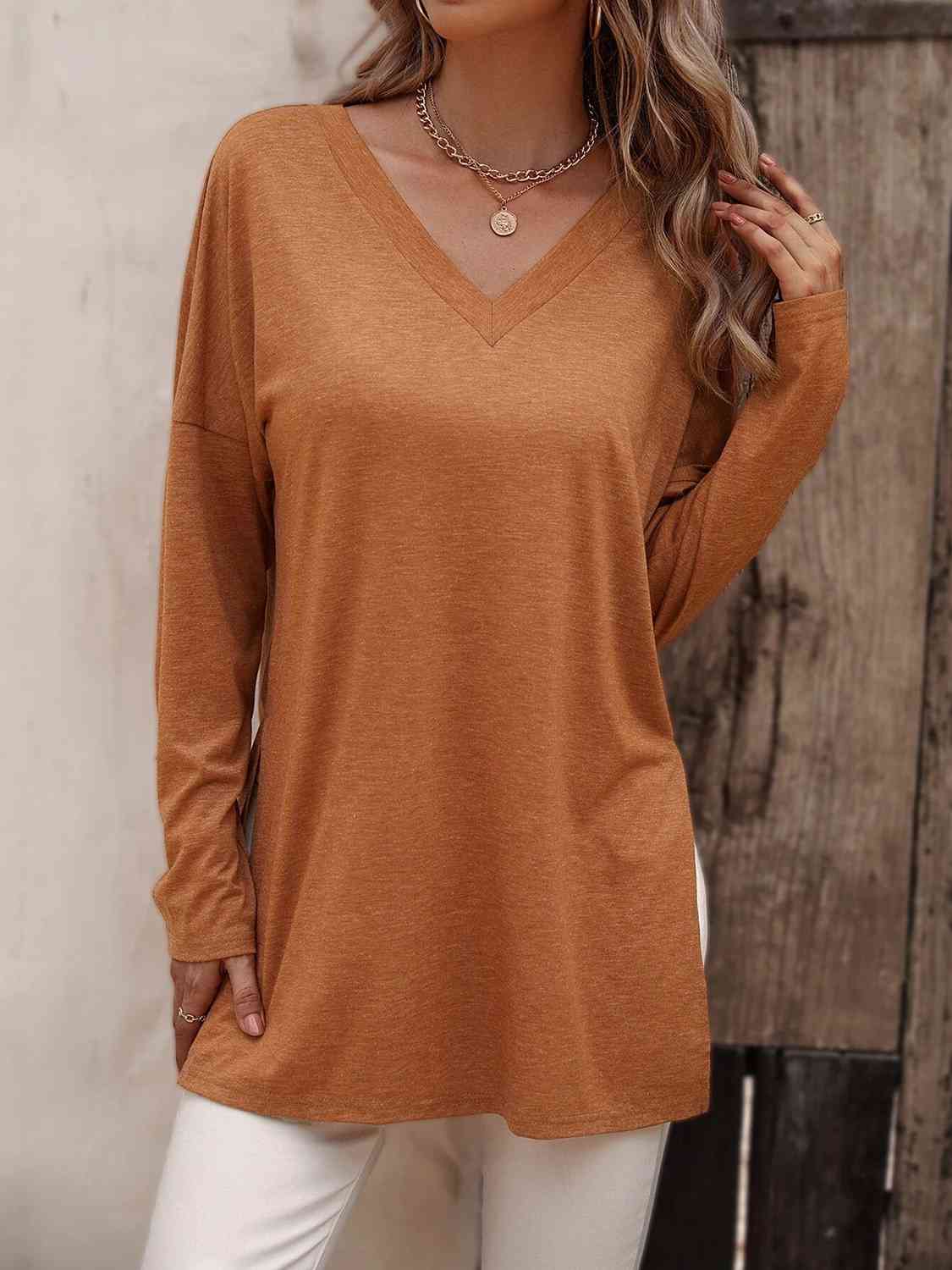 V-Neck Long Sleeve Slit Top