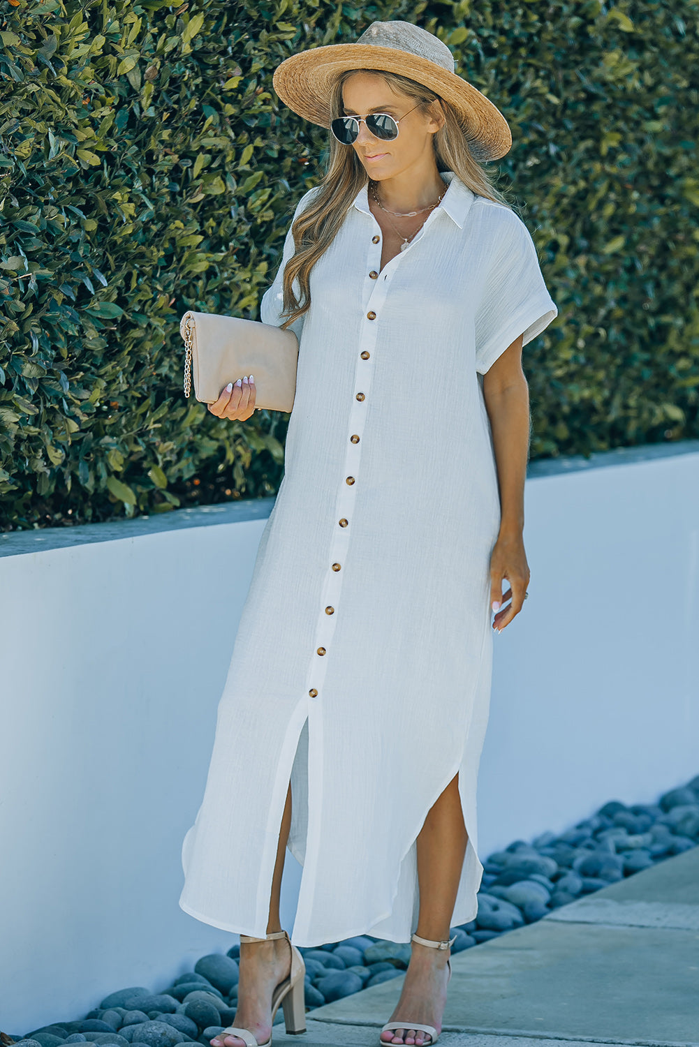 Textured Button Down Slit Shirt Dress