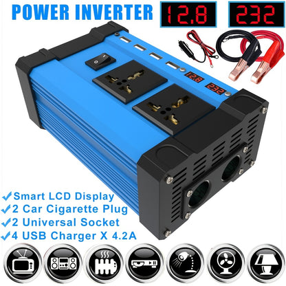 400W Car Inverter with 4 USB Chargers, 2 Universal Sockets & LED Display - Perfect for Traveling & Emergencies!