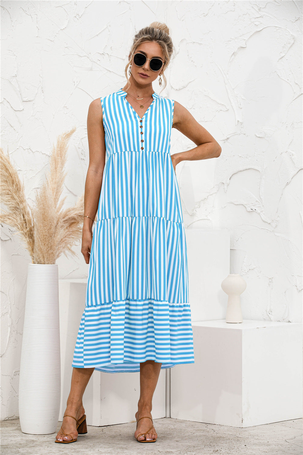 Striped Tiered Sleeveless Swing Dress