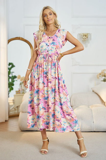 Vestido midi floral con cuello en V y línea A