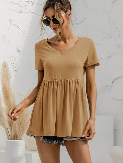 V-Neck Short Sleeve Babydoll Top