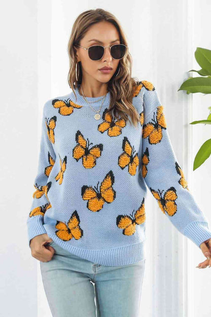 Butterfly Pattern Round Neck Dropped Shoulder Sweater