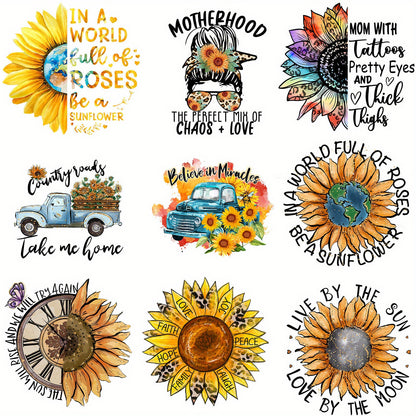 9 Packs of Sunflower Iron-On Heat Transfer Stickers - Perfect for DIY Clothing, T-Shirts, Masks, Jeans & More!