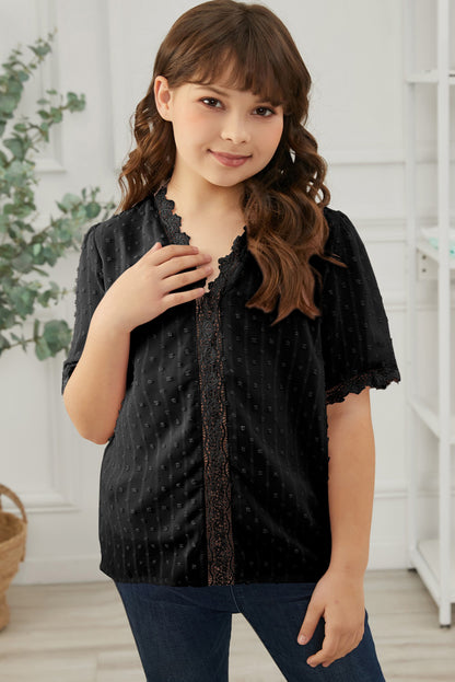 Girls Swiss Dot Spliced Lace Blouse