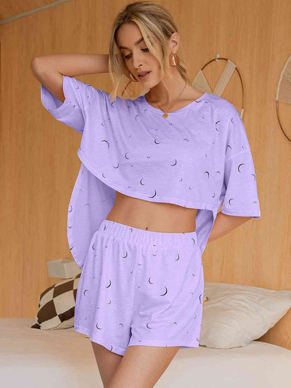 Moon Print T-Shirt and Shorts Lounge Set