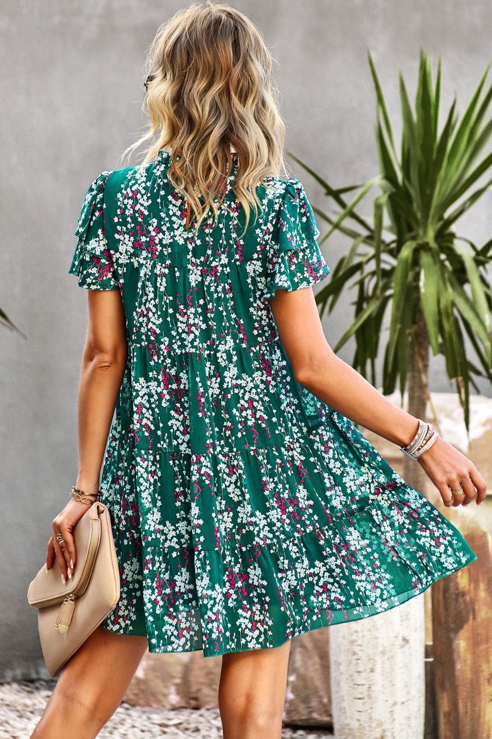 Floral Layered Flutter Sleeve Dress