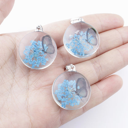 3pcs Clear Round Glass Dried Flower Pendant - Perfect for Butterfly Flower Necklace Making!