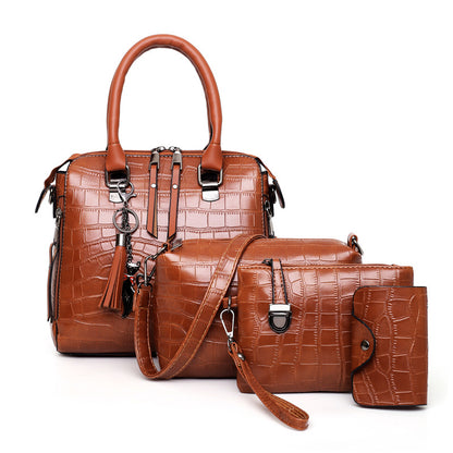 4-Piece Croc-Embossed Handbag Set: Tassel-Decorated Shoulder Bag, Wristlet Purse & Card Holder