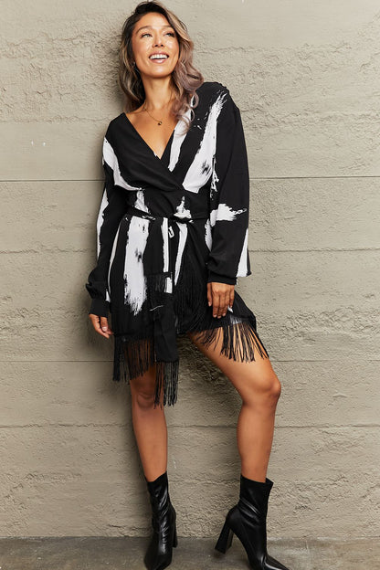 Printed Fringe Detail Surplice Neck Mini Dress