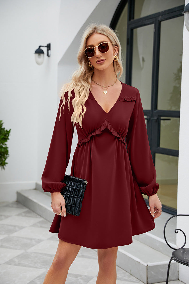 Frill Trim V-Neck Long Sleeve Dress