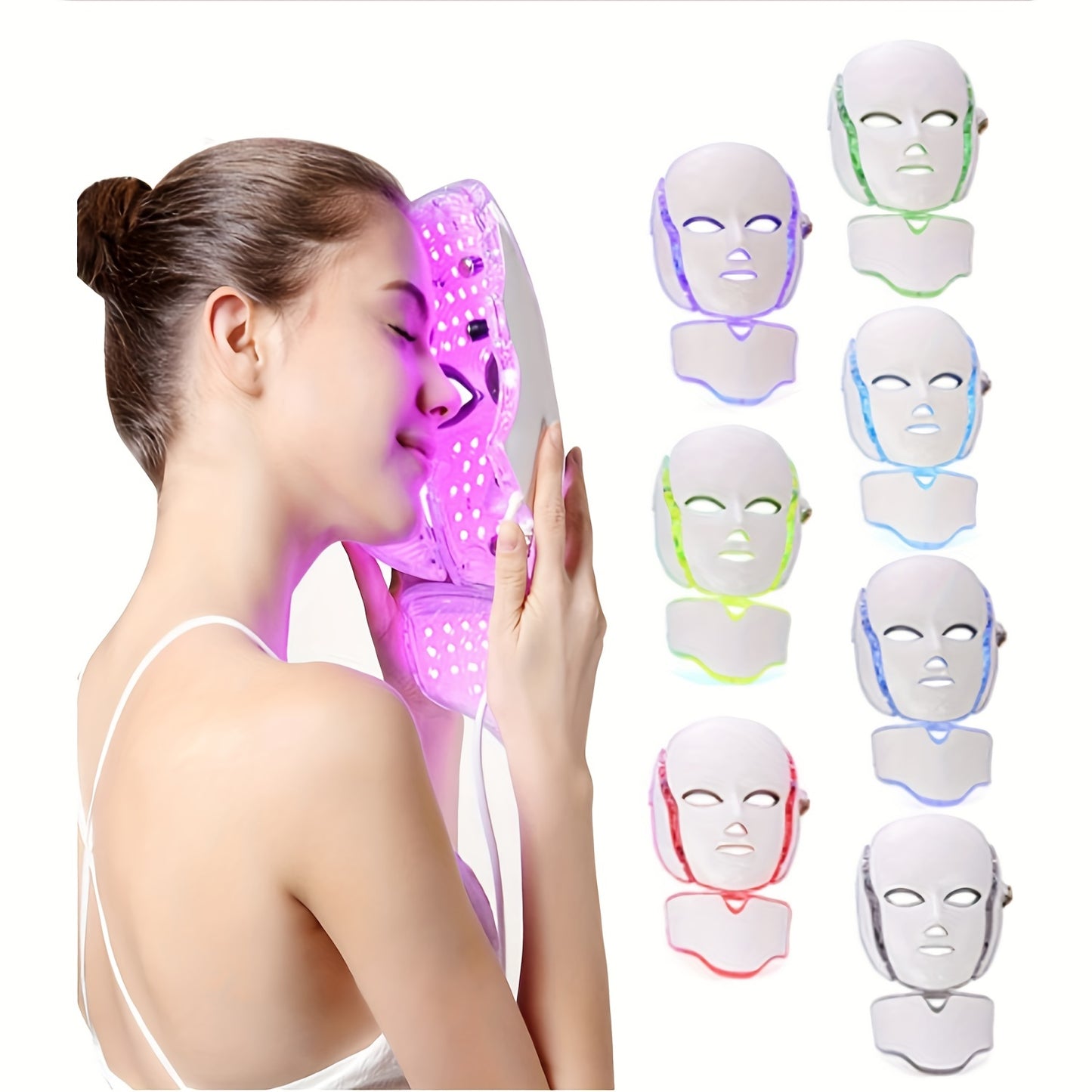 Masque facial LED 7 couleurs avec lumière du cou – Rajeunissement de la peau, traitement de l'acné et lifting du visage – Masseur ferme pour une peau jeune et éclatante 