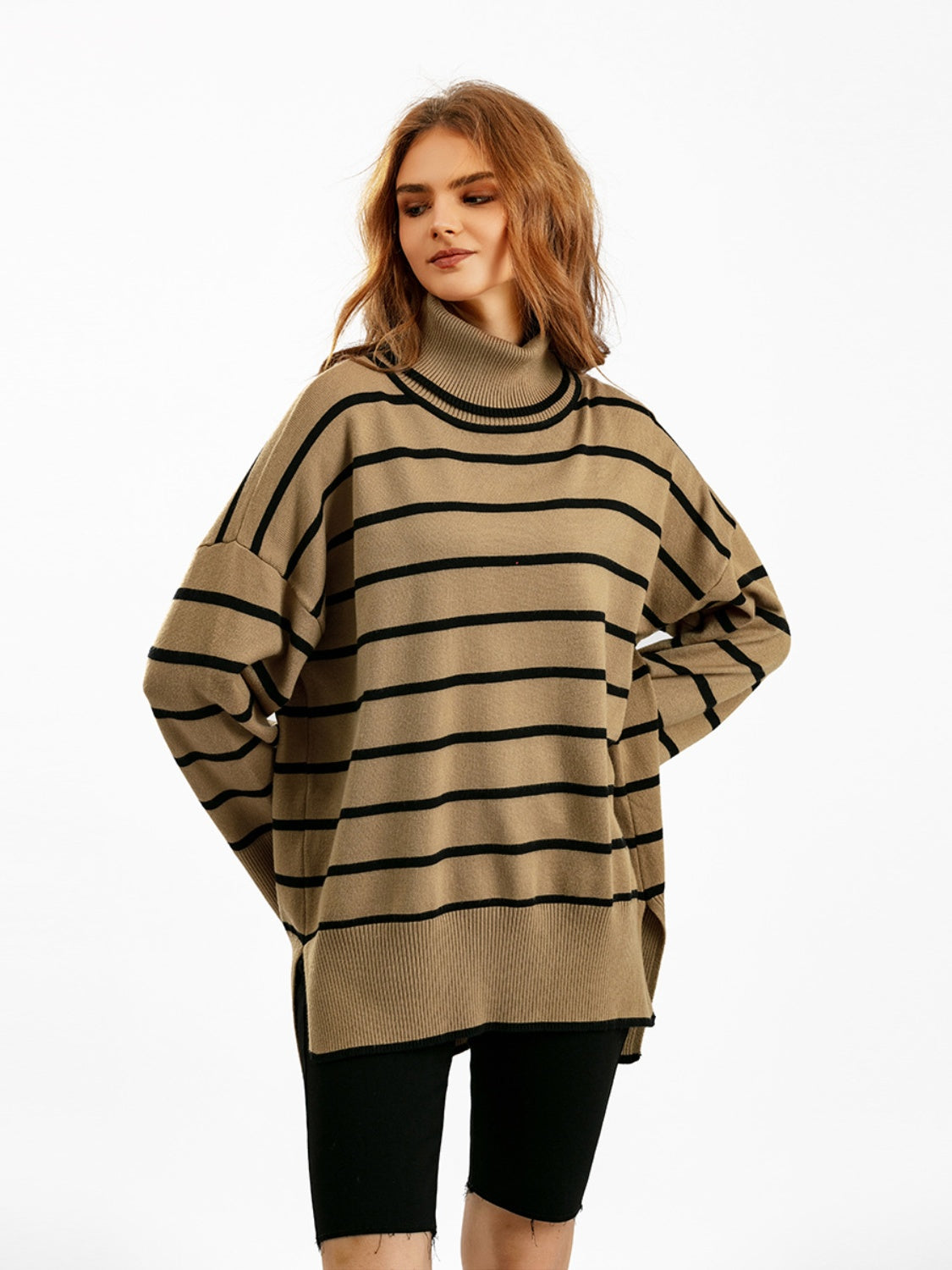 Striped Drop Shoulder Turtleneck Sweater