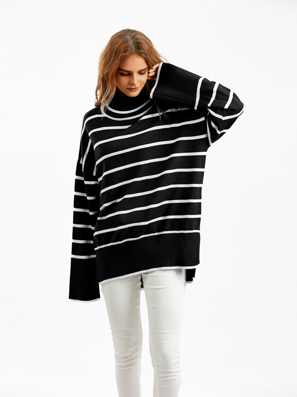 Striped Drop Shoulder Turtleneck Sweater