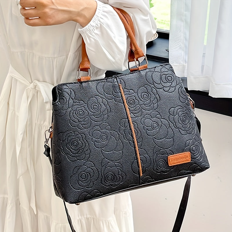 Women's Trendy Faux Leather Shoulder Bag - Letter Embossed Handbag with Double Handle - 8.4*8.6*3.5 Inch