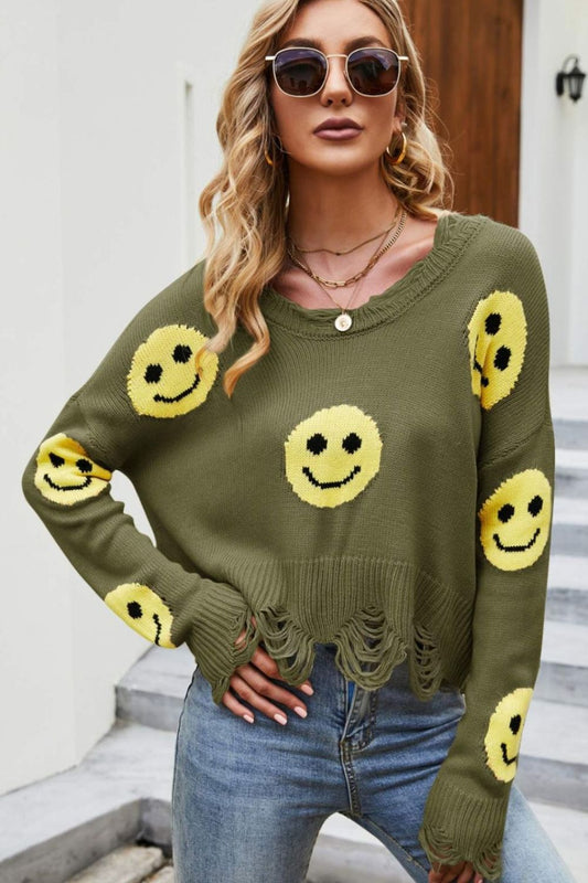 Pull col rond effet vieilli Smiley Face