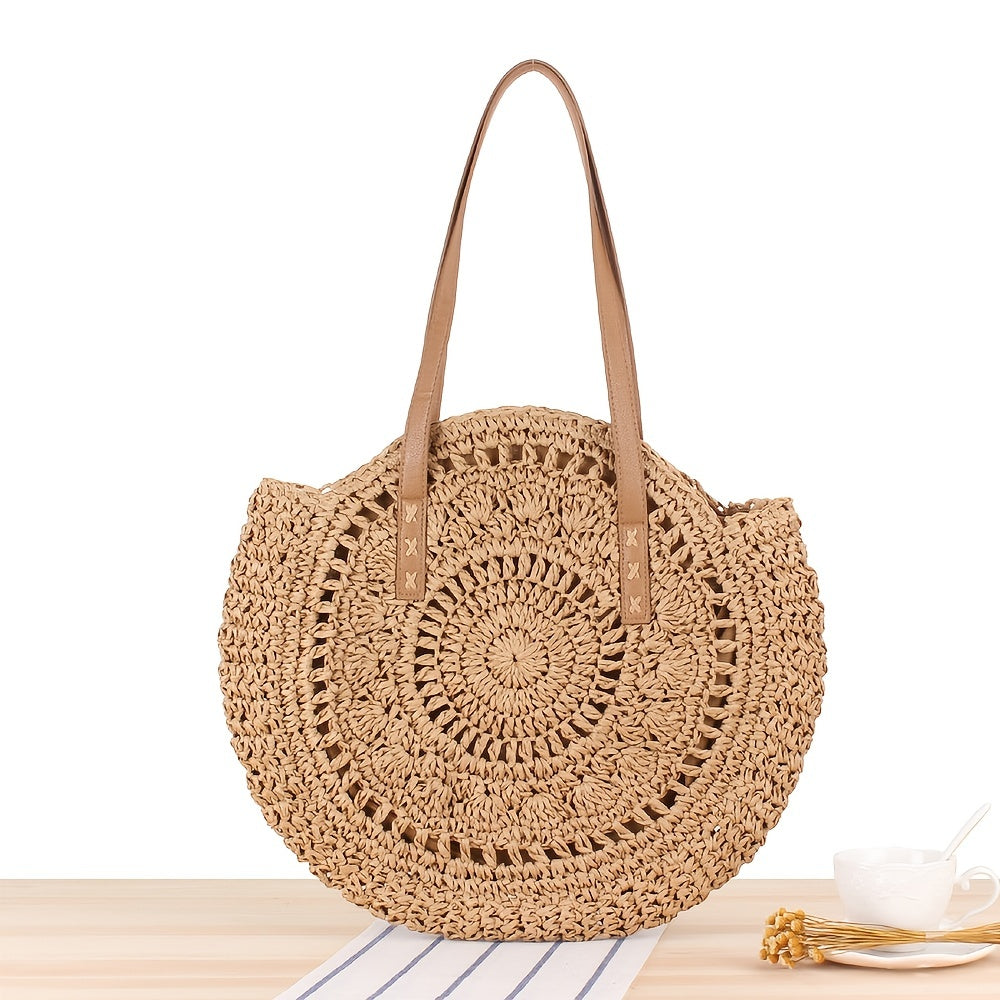 Stylish Woven Beach Bag - Hollow-Out Straw Handbag with Large Round Capacity for Shoulders