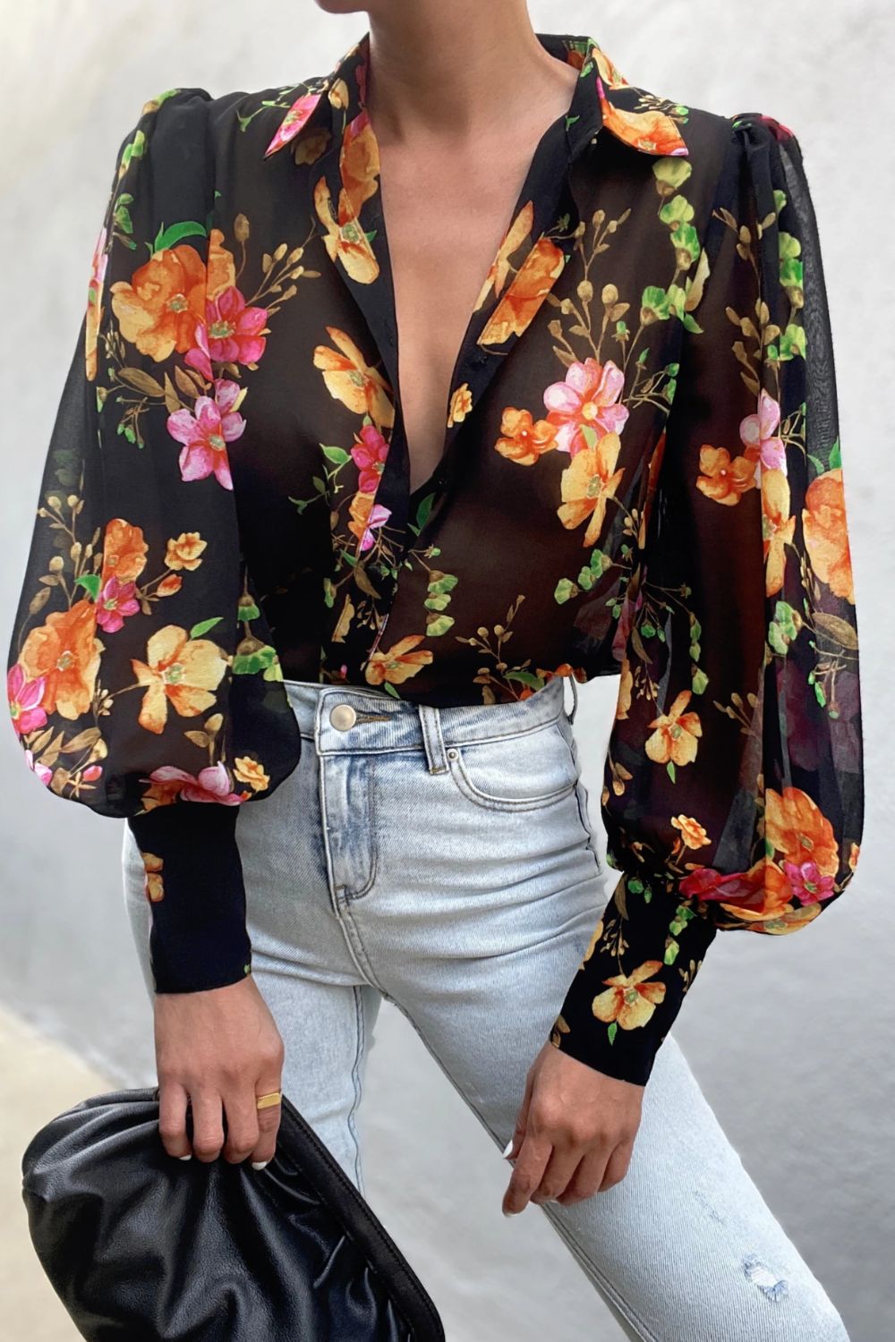 Flower Print Collared Neck Lantern Sleeve Shirt