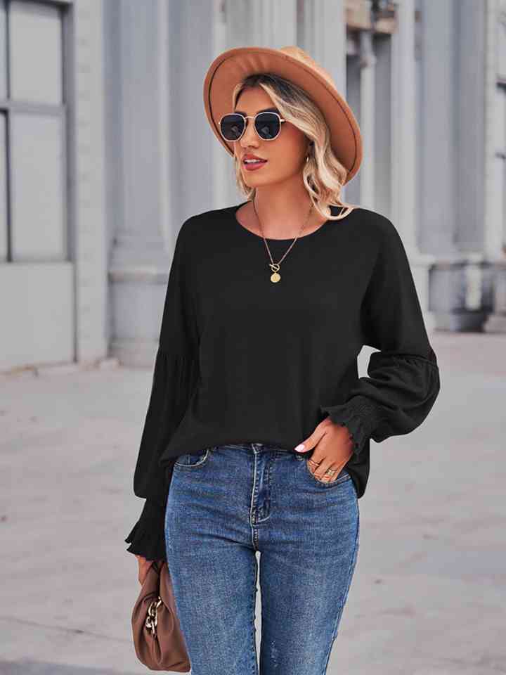 Round Neck Flounce Sleeve Blouse