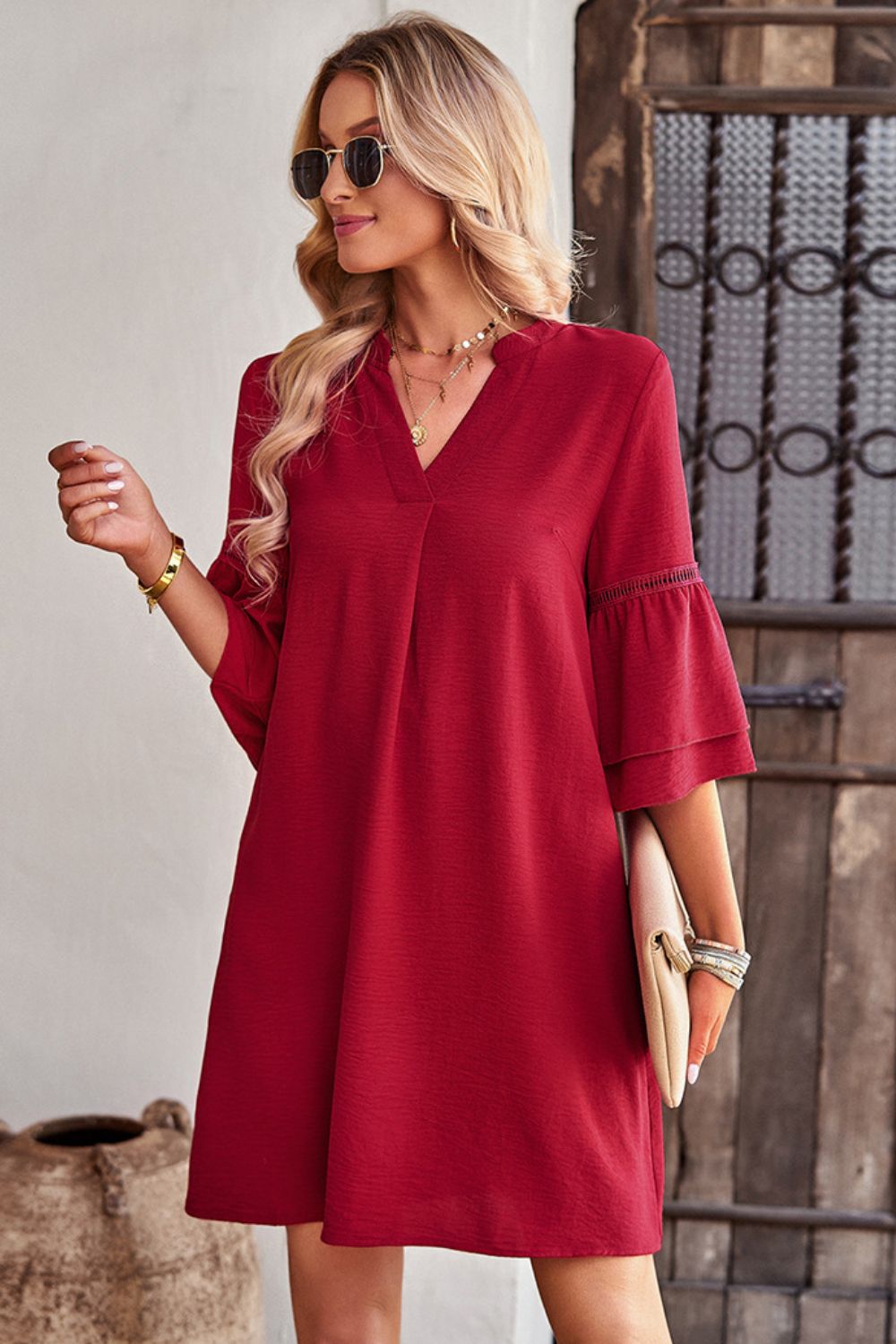 Notched Neck Flare Sleeve Pocket Dress