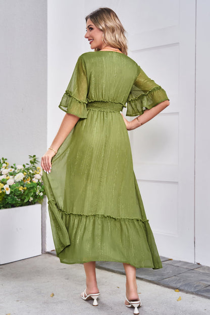 V-Neck Flounce Sleeve Smocked Waist High Slit Dress