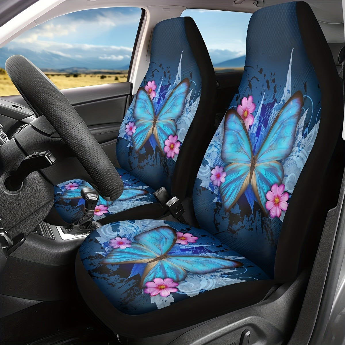 2pcs Trendy Car Seat Covers Ble Butterfly Print High Back Seat Cover Ultra-Soft Universal Car Accessories