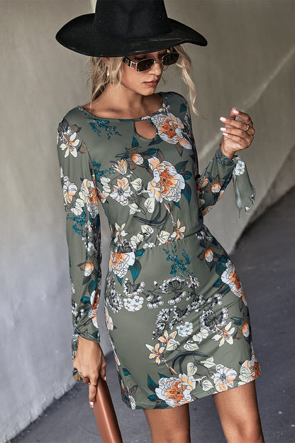 Floral Cutout Tie Cuff Mini Dress