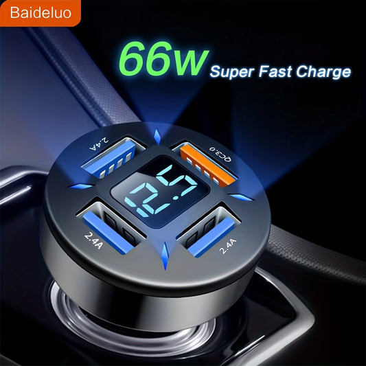 4-Port OC3.0 Fast Car Charger USB Adapter with Intelligent Shunt Seat Belt Real-Time Voltage Monitoring