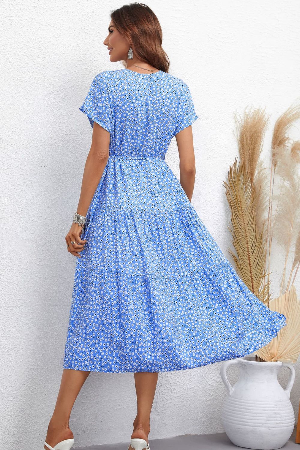 Floral Round Neck Tie Waist Tiered Midi Dress