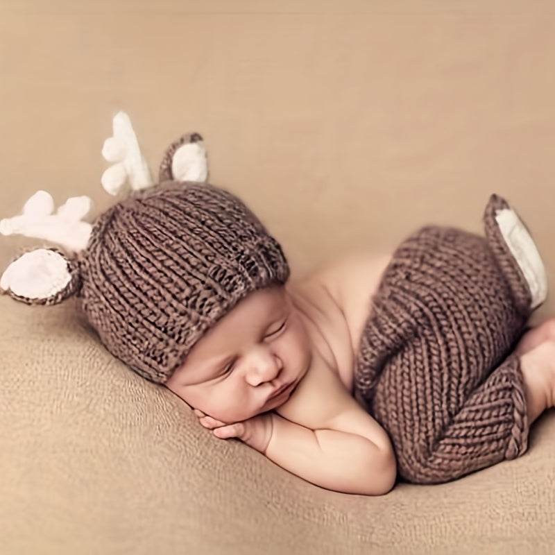 Adorable Sika Deer Costume for Newborn Photo Props - Cartoon Animals Hat & Pant Set