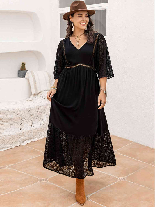 Robe Mi-longue à Col en V et Demi-Manches de Grande Taille