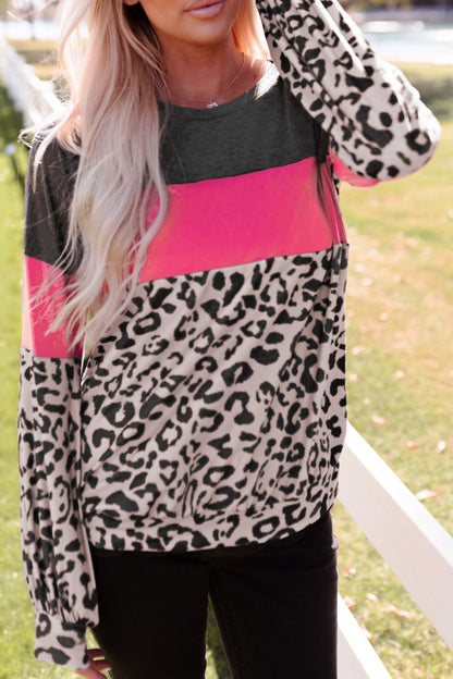 Leopard Print Color Block Long-Sleeve Top