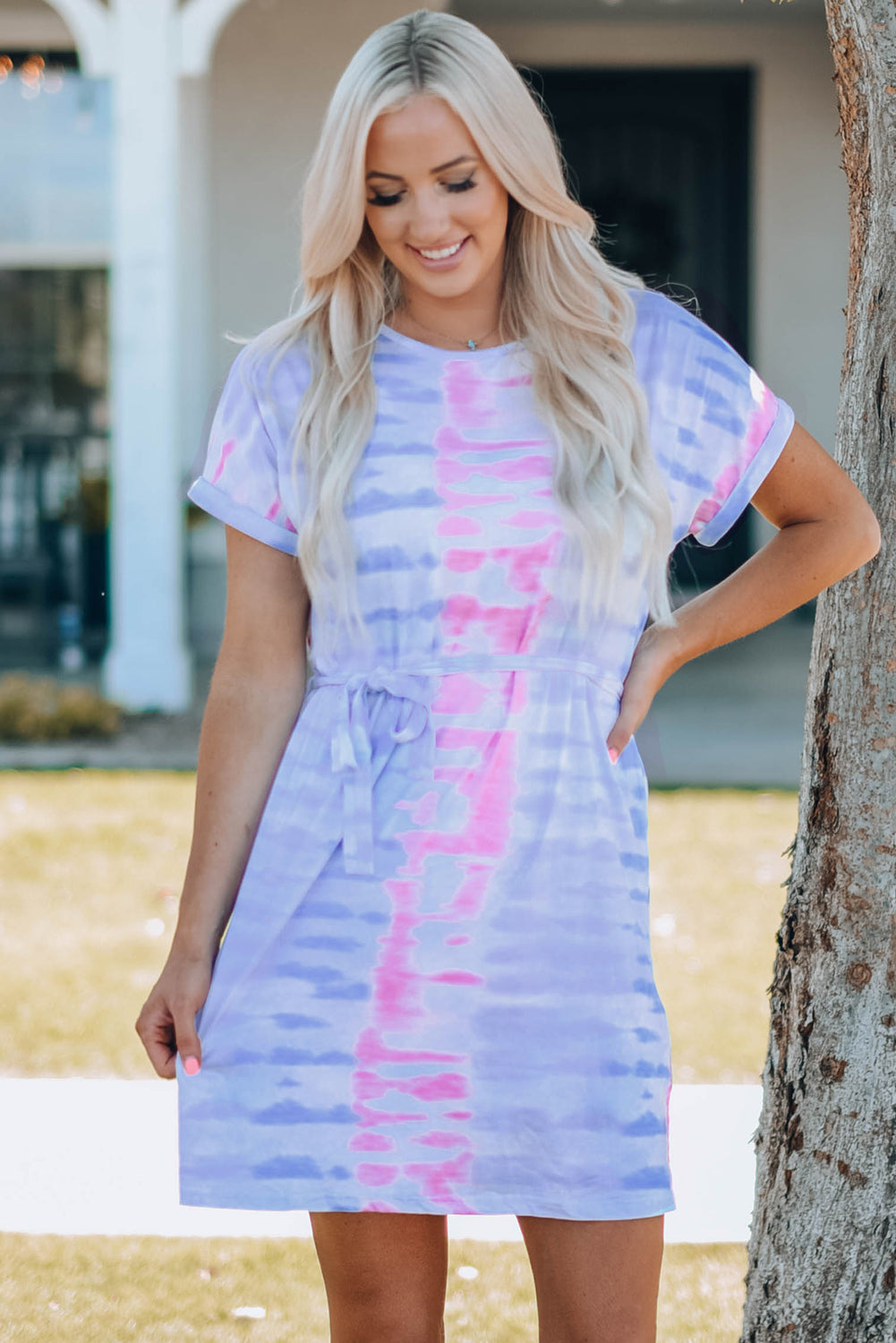 Vestido estilo camiseta con cinturón y teñido anudado para mujer