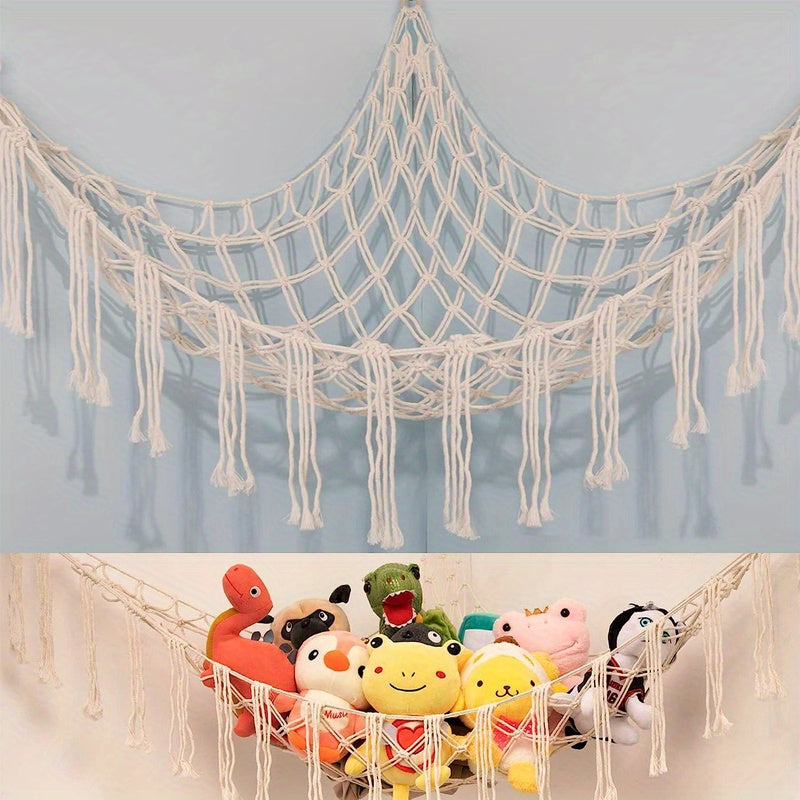 1 grand filet ou hamac pour animaux en peluche Boho de 55 pouces, hamac pour jouets, coin de rangement pour animaux, support de filet suspendu, hamac en maille, organisateur de jouets en peluche avec pompon et crochets pour chambre à coucher, crèche 