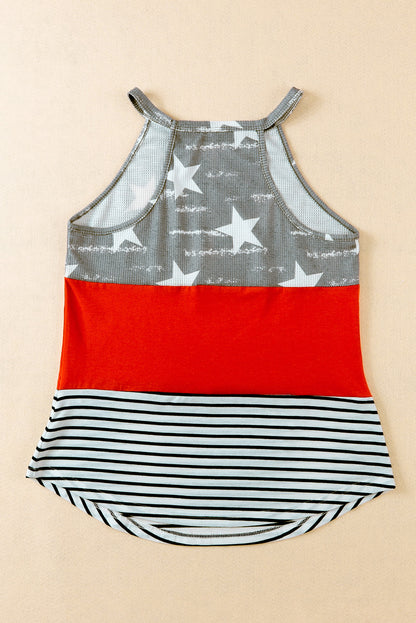 Star and Stripe Color Block Curved Hem Tank