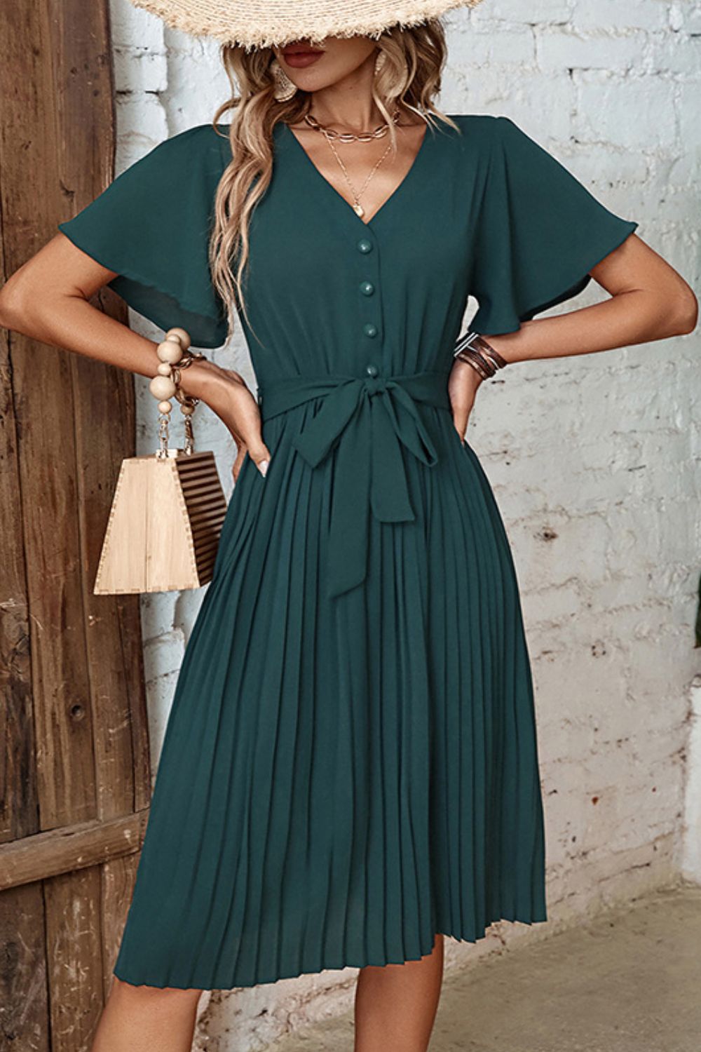 Buttoned V-Neck Flutter Sleeve Pleated Dress