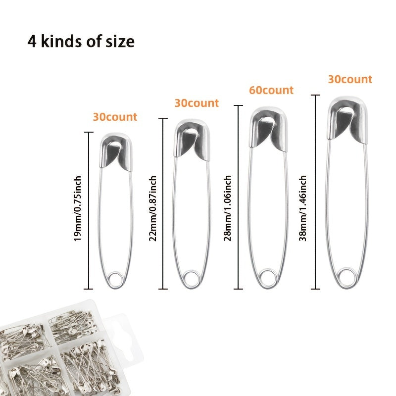 150pcs Safety Pins With 4 Different Sizes/Box About 150pcs, Metal Silvery, Sewing Supplies