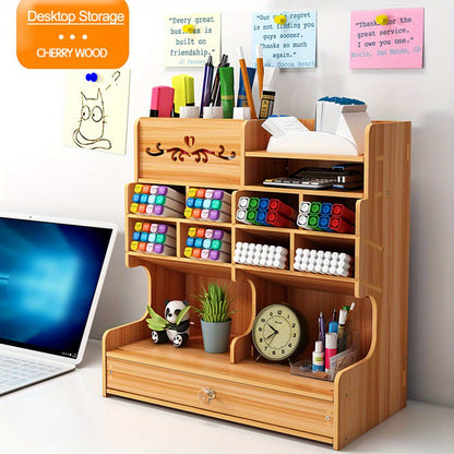 1pc DIY Manual Assembly Wooden Desk Organizer, Multi-Functional DIY Pen Holder, Pen Organizer For Desk, Desktop Stationary, Easy Assembly, Home Office Art Supplies Organizer Storage With Drawer