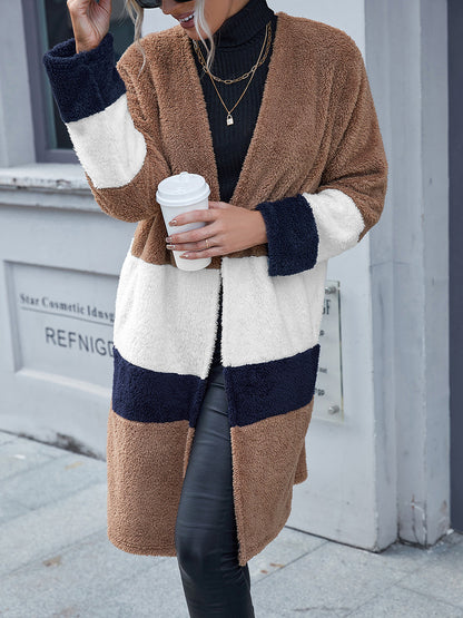 Cardigan long tricolore ouvert sur le devant