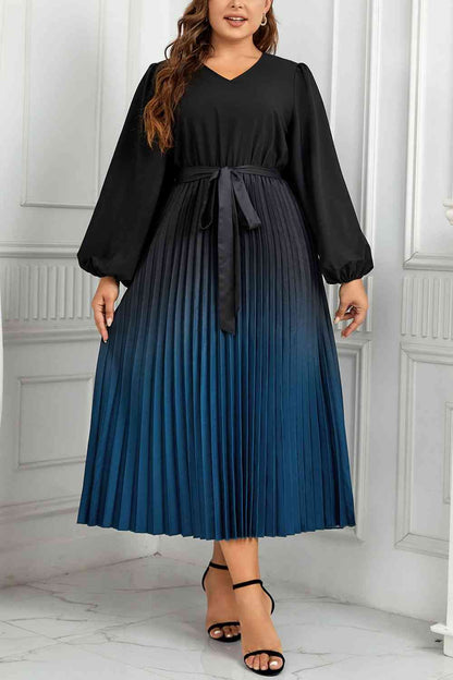 Robe Midi Plissée à Col en V et Manches Longues à Nouer à la Taille de Grande Taille