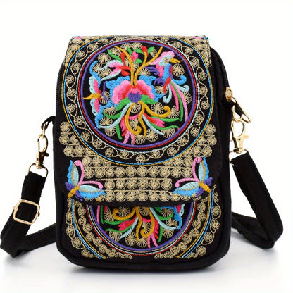 Stylish Women's Embroidered Crossbody Phone Bag with Zipper - Small Canvas Shoulder Bag for Everyday Use