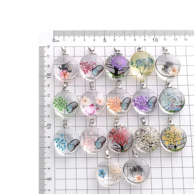 3pcs Clear Round Glass Dried Flower Pendant - Perfect for Butterfly Flower Necklace Making!