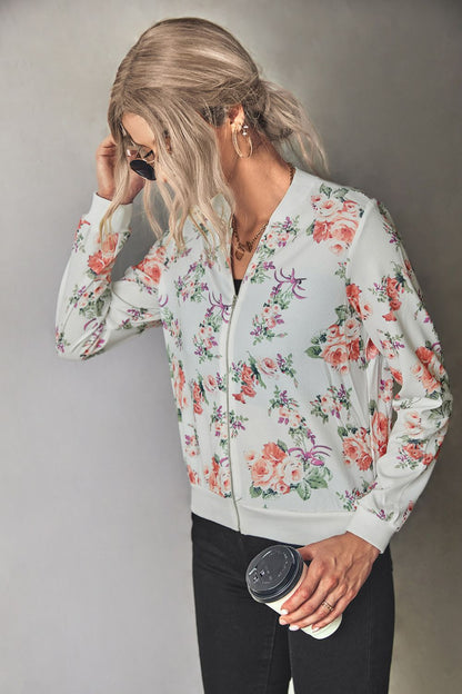 Blouson aviateur fleuri zippé à bordure côtelée