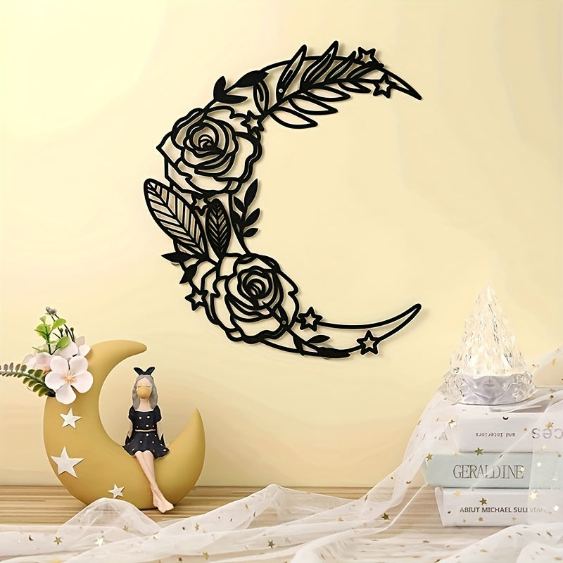 1pc 2 Styles To Choose From Moon Metal Flower Sign Art Decor Black Bohemian Big Flower Moon And Star Wall Sign Half Moon Flower Sculpture, Wall Decoration, Home Crafts, Celebration, Wedding, Creativ