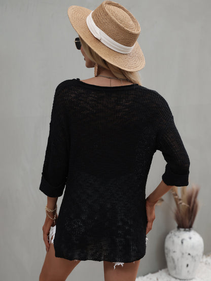 Notched Side Slit Drop Shoulder Sweater