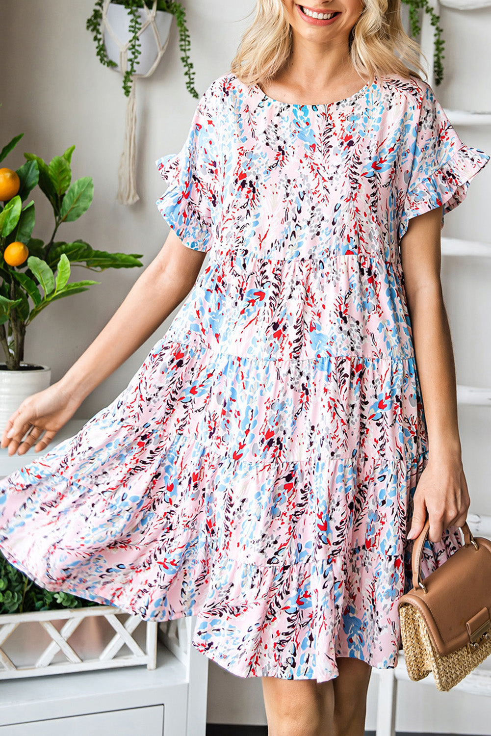 Printed Short Flounce Sleeve Tiered Dress